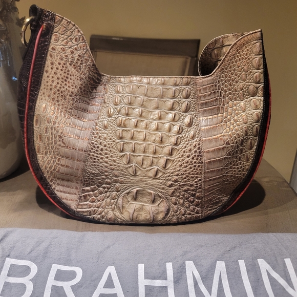 BRAHMIN Beige-Brown -Red Trim Croc Embossed MELBOURNE Shoulder Bag - Picture 4 of 8